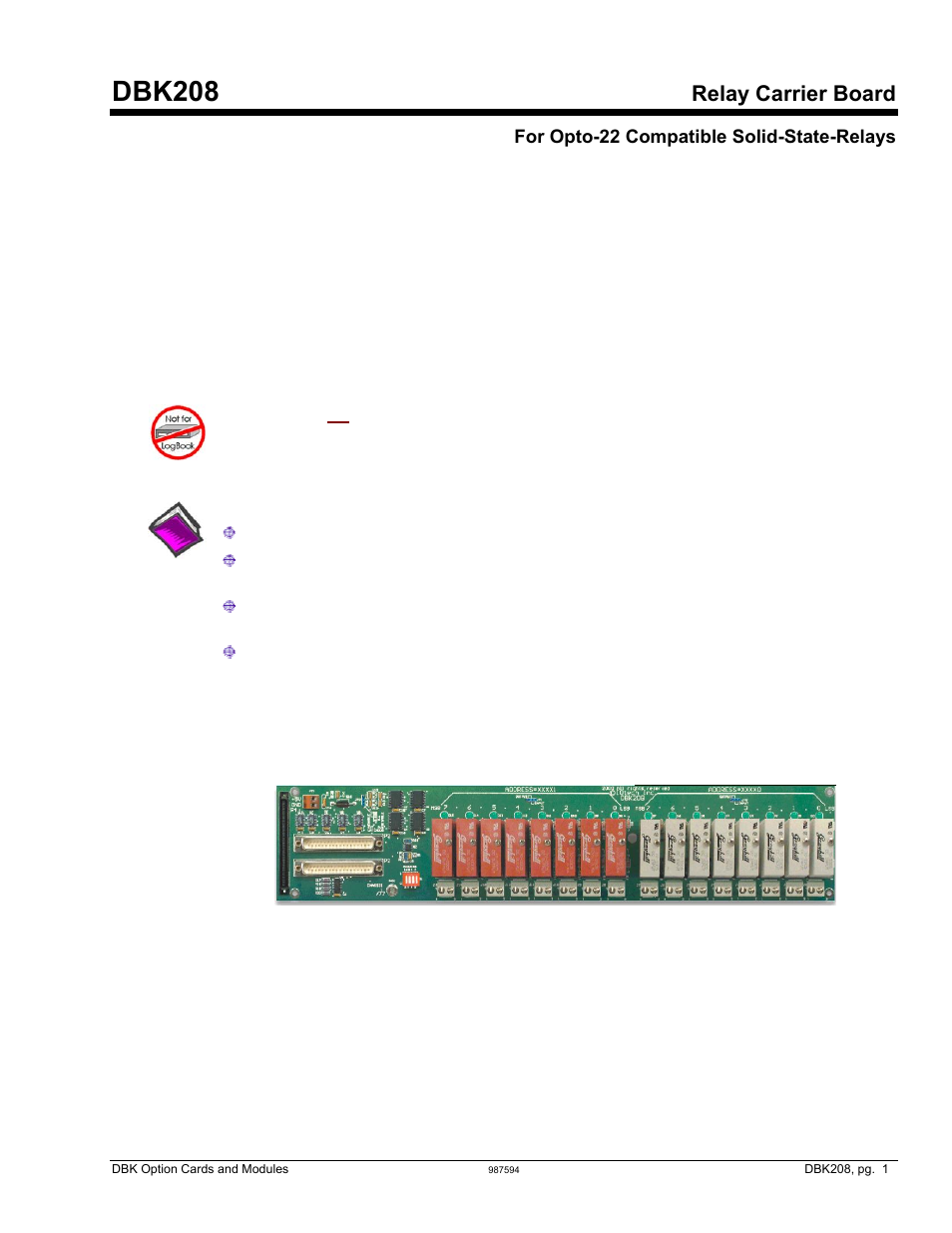 Dbk208, relay carrier board, Dbk208, Relay carrier board | Overview | Measurement Computing DBK Part 2 User Manual | Page 237 / 306