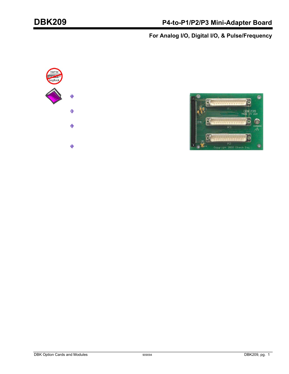 Dbk209, p4-to-p1/p2/p3 mini-adapter board, Dbk209, P4-to-p1/p2/p3 mini-adapter board | Overview | Measurement Computing DBK Part 2 User Manual | Page 247 / 306