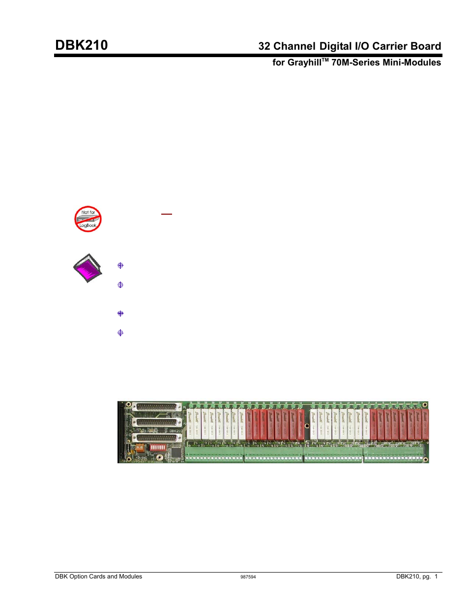 Dbk210, 32 ch digital i/o carrier board, Dbk210, 32 channel | Digital i/o carrier board, Overview | Measurement Computing DBK Part 2 User Manual | Page 251 / 306