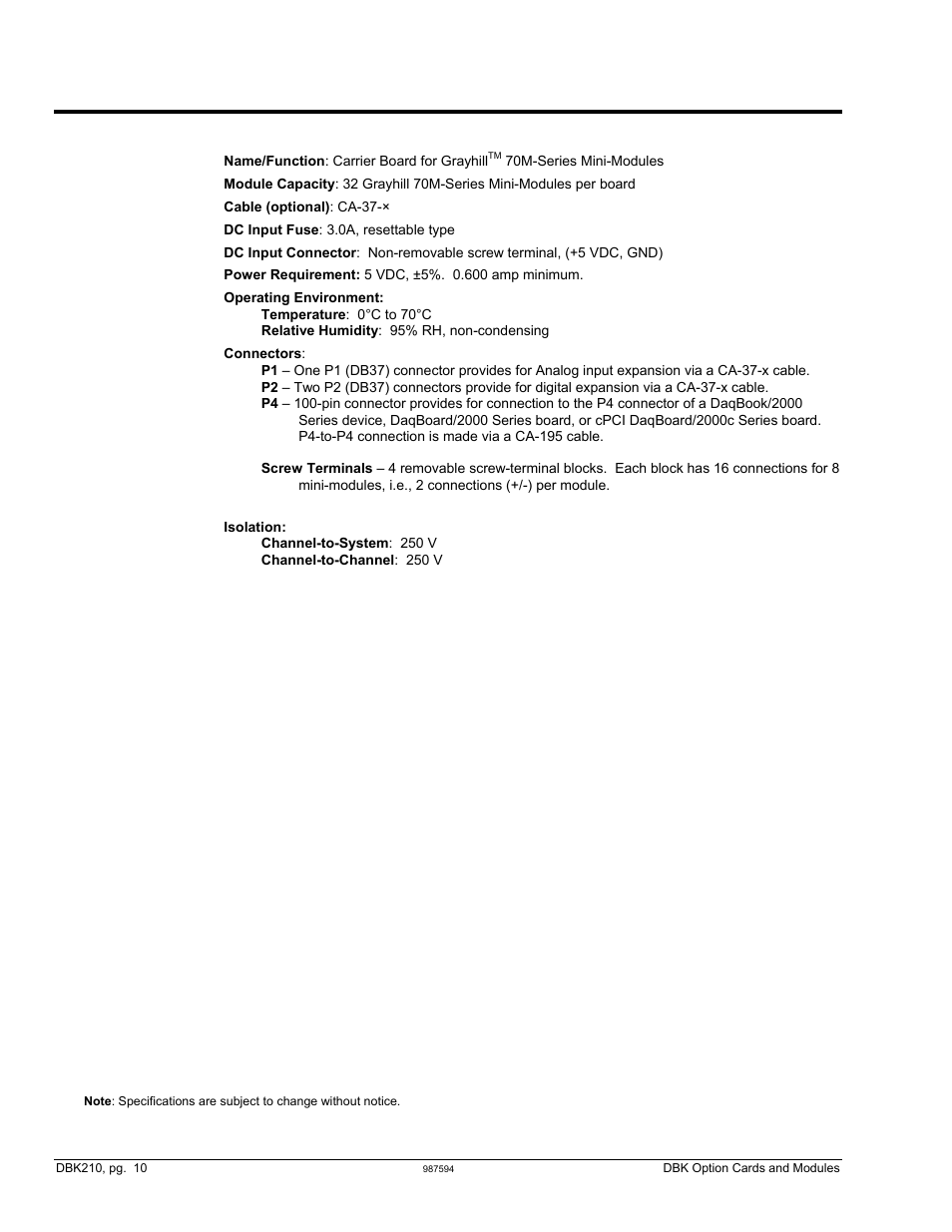 Dbk210 – specifications | Measurement Computing DBK Part 2 User Manual | Page 260 / 306