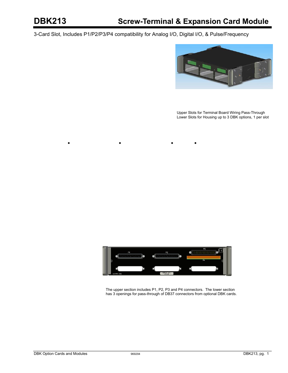 Dbk213, screw-terminal & expansion card, Dbk213, Screw-terminal & expansion card module | Overview | Measurement Computing DBK Part 2 User Manual | Page 261 / 306