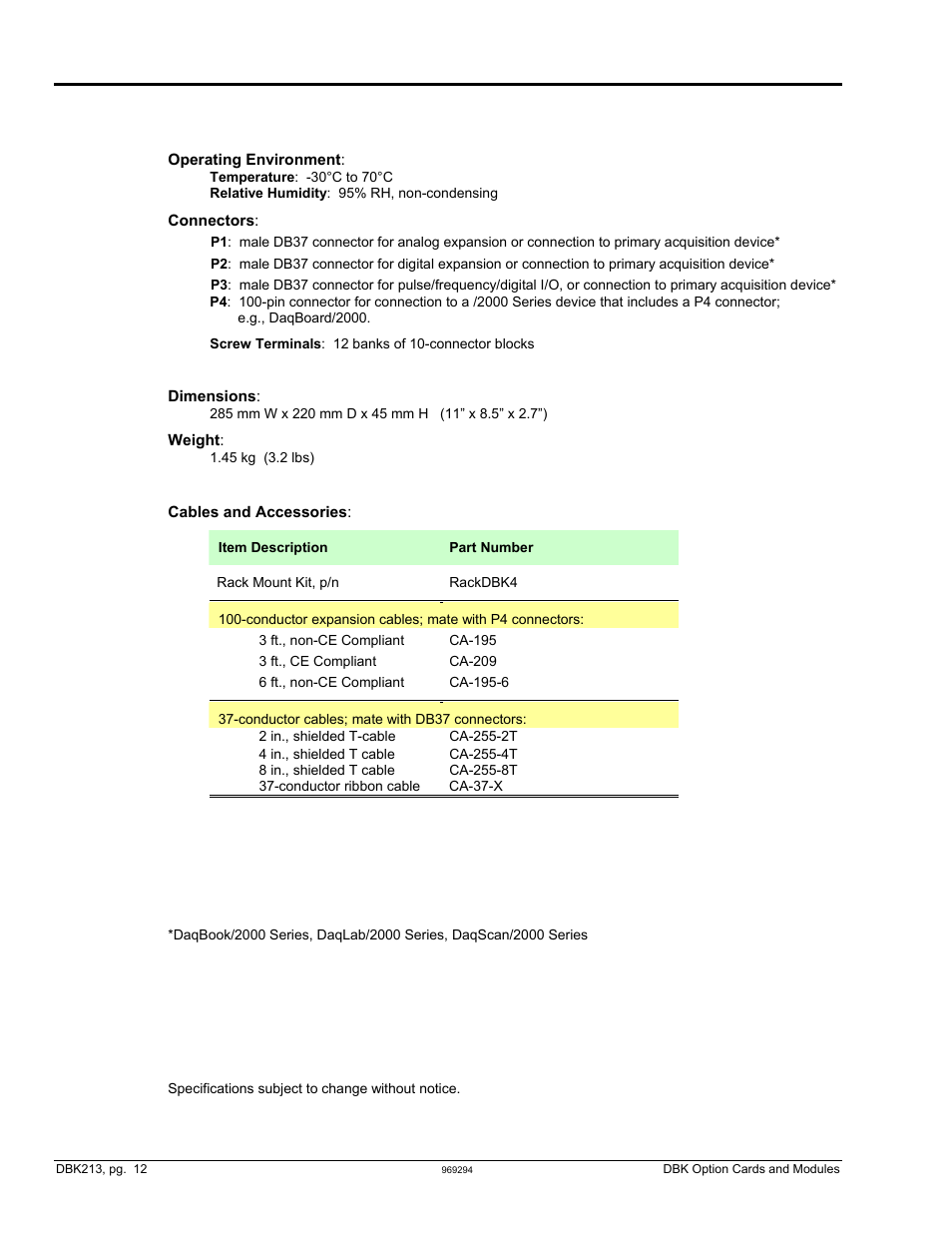 Specifications for dbk213 | Measurement Computing DBK Part 2 User Manual | Page 272 / 306
