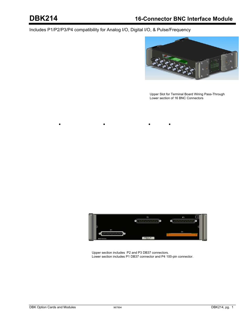Dbk214, 16-connector bnc, Dbk214, Connector bnc interface module | Overview | Measurement Computing DBK Part 2 User Manual | Page 275 / 306