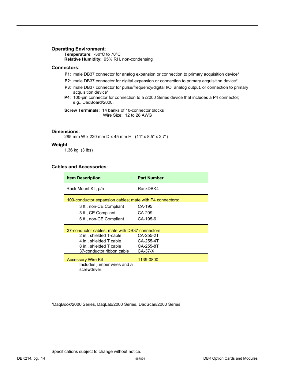 Specifications for dbk214 | Measurement Computing DBK Part 2 User Manual | Page 288 / 306