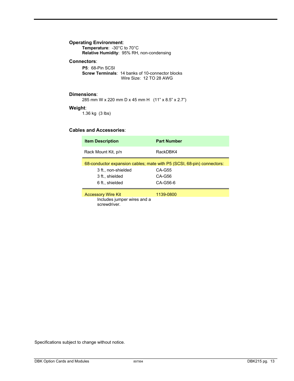 Specifications for dbk215 | Measurement Computing DBK Part 2 User Manual | Page 303 / 306