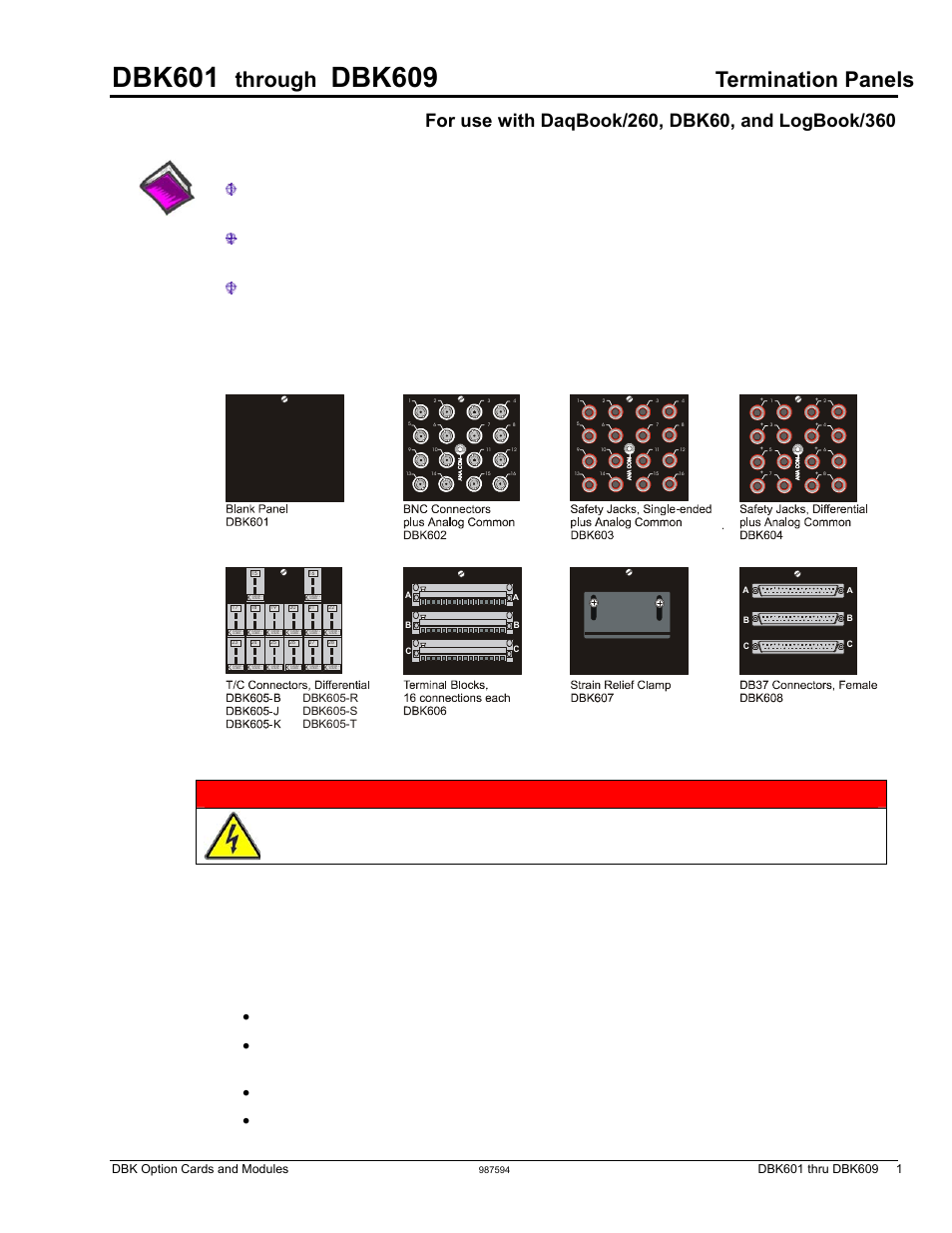 Dbk601 through dbk609, termination panels, Dbk601, Dbk609 | Through, Termination panels, Warning, Dbk600 series termination panels, Dbk option cards and modules | Measurement Computing DBK Part 2 User Manual | Page 305 / 306