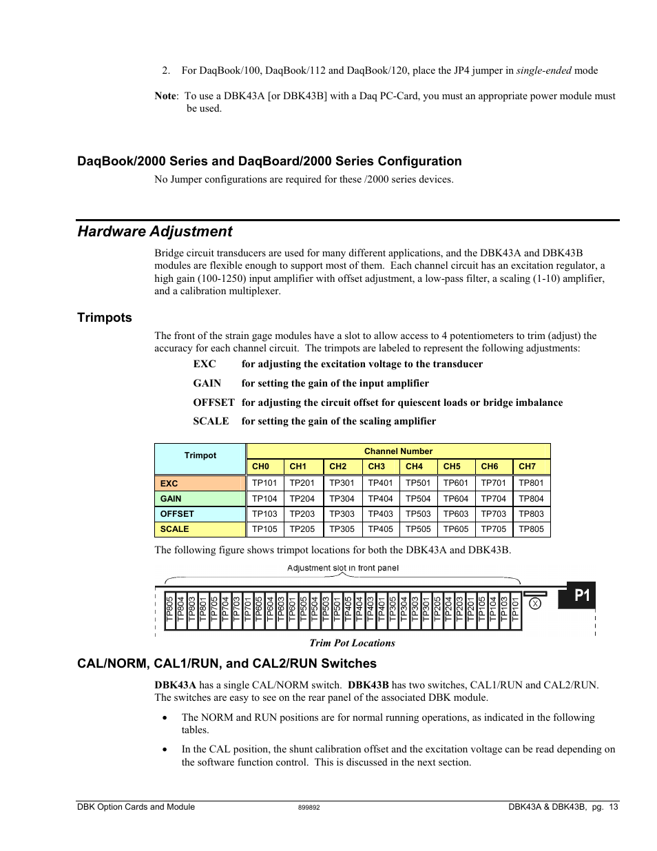 Hardware adjustment, Trimpots, Cal/norm, cal1/run, and cal2/run switches | Measurement Computing DBK Part 2 User Manual | Page 33 / 306