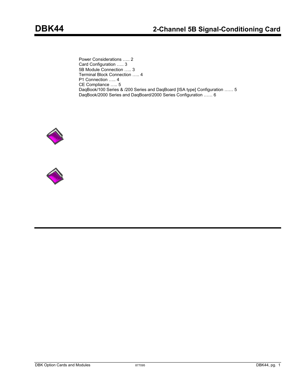 Dbk44, 2-ch 5b signal-conditioning card, Dbk44, Channel 5b signal-conditioning card | Overview | Measurement Computing DBK Part 2 User Manual | Page 63 / 306
