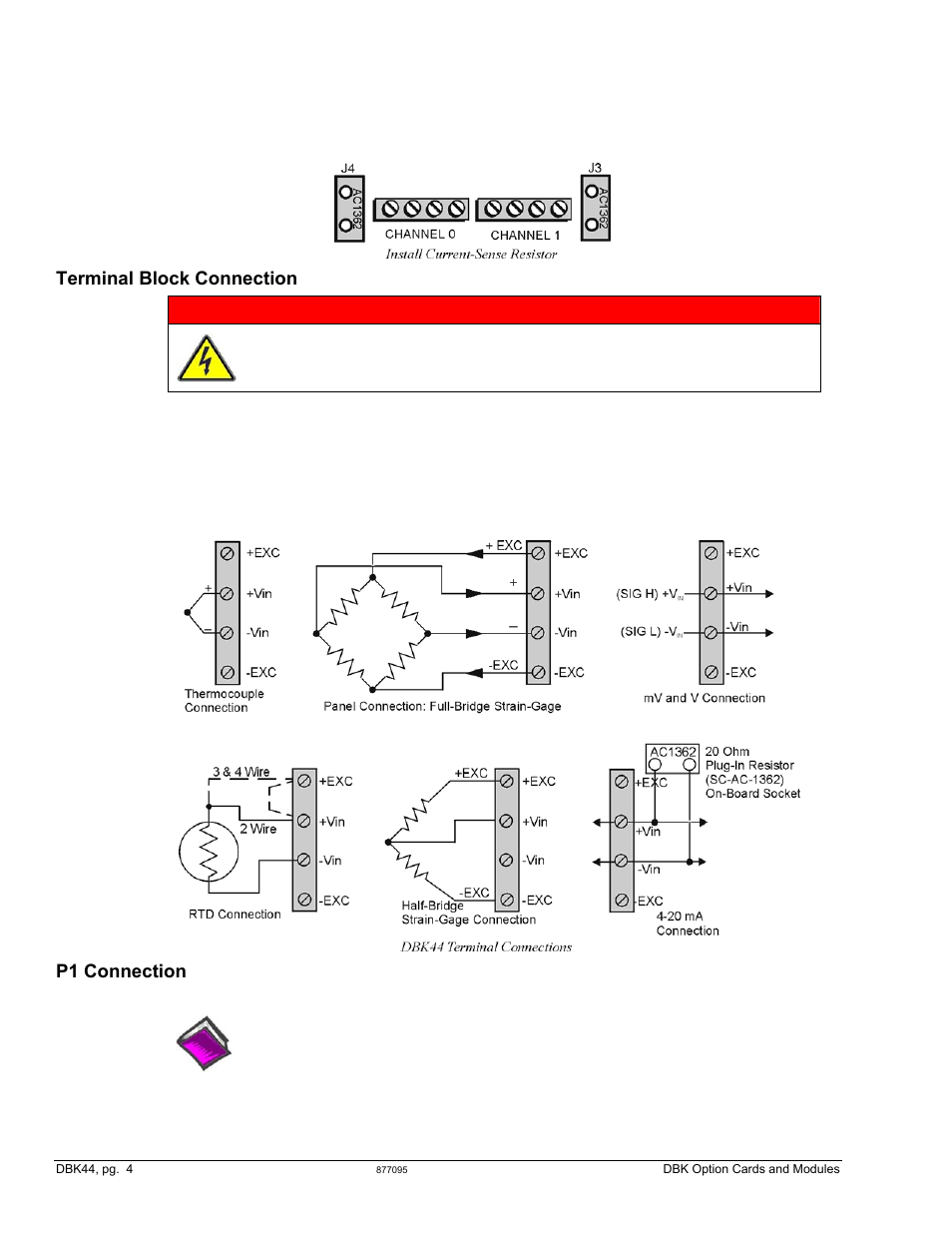 Terminal block connection warning, P1 connection | Measurement Computing DBK Part 2 User Manual | Page 66 / 306