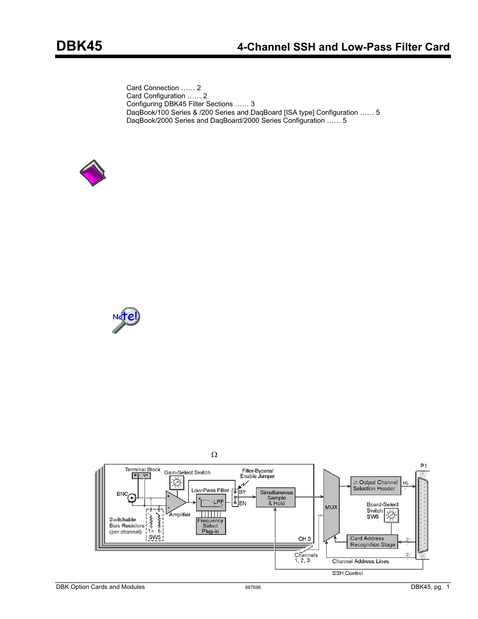 Dbk45, 4-ch ssh and low-pass filter card, Dbk45, Channel ssh and low-pass filter card | Overview | Measurement Computing DBK Part 2 User Manual | Page 71 / 306