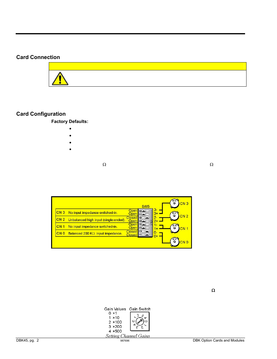 Hardware setup, Card connection caution, Card configuration | Measurement Computing DBK Part 2 User Manual | Page 72 / 306