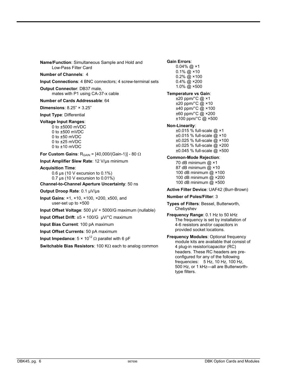 Dbk45 – specifications | Measurement Computing DBK Part 2 User Manual | Page 76 / 306