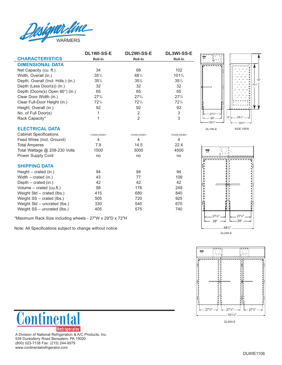 Warmers, Dl1wi-ss-e dl2wi-ss-e dl3wi-ss-e characteristics, Dimensional data | Electrical data, Shipping data | Continental Designer Line DL1WI-SS-E User Manual | Page 2 / 2
