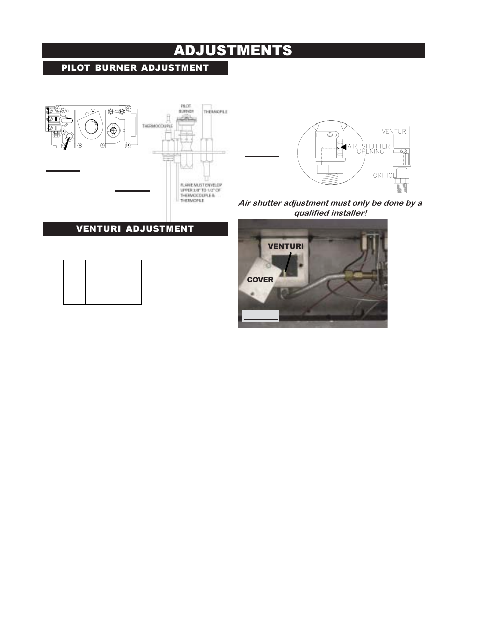 Adjustments, Pilot burner adjustment venturi adjustment | Continental BCDV42N User Manual | Page 24 / 28