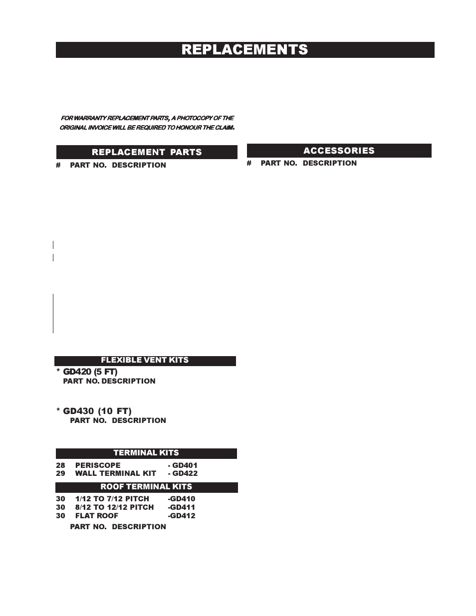 Replacements, Gd420 (5 ft), Replacement parts | Accessories, Flexible vent kits terminal kits, Roof terminal kits | Continental BCDV42N User Manual | Page 25 / 28