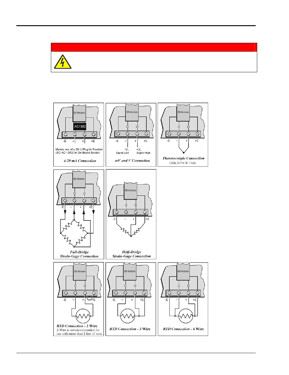 Terminal block connection, Warning | Measurement Computing DBK207 User Manual | Page 6 / 8