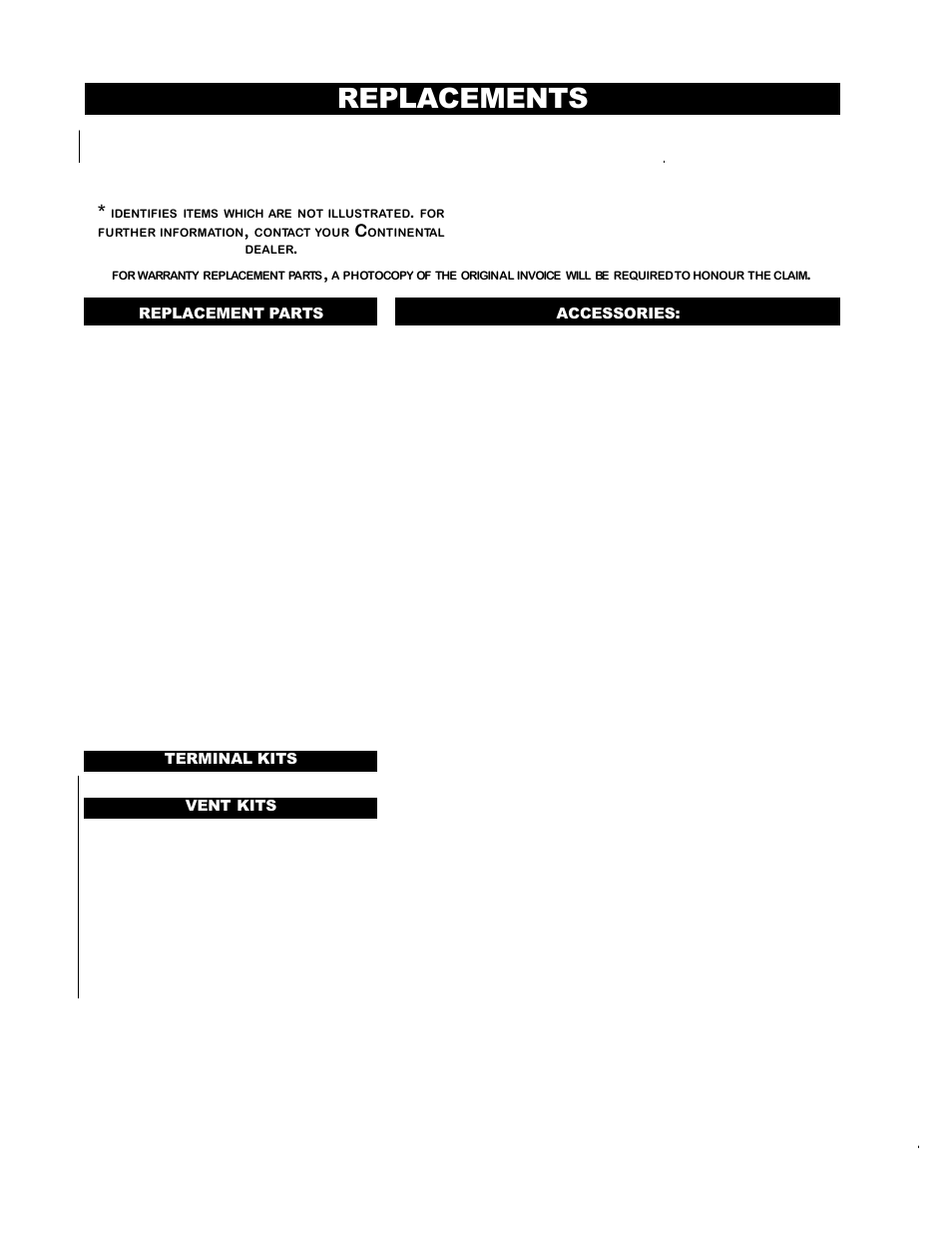 Replacements, Replacement parts terminal kits accessories, Vent kits | Continental CDIZC - P User Manual | Page 12 / 16