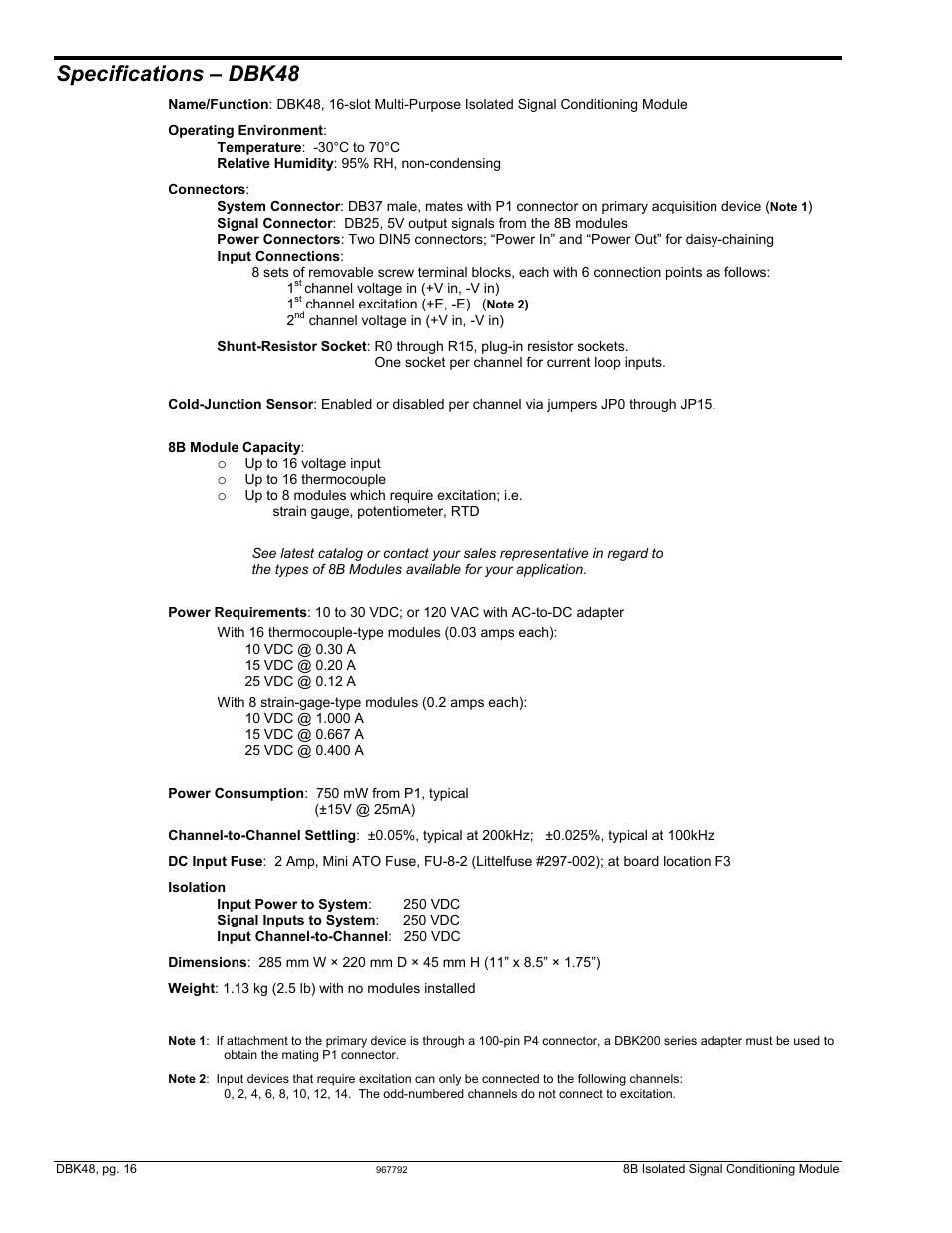 Specifications – dbk48, Specifications …… 16 | Measurement Computing DBK48 User Manual | Page 16 / 20