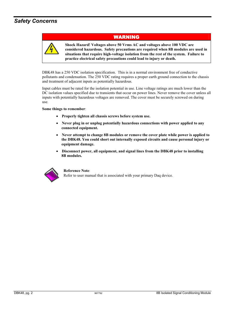 Safety concerns, Safety concerns …… 2, Warning | Measurement Computing DBK48 User Manual | Page 2 / 20