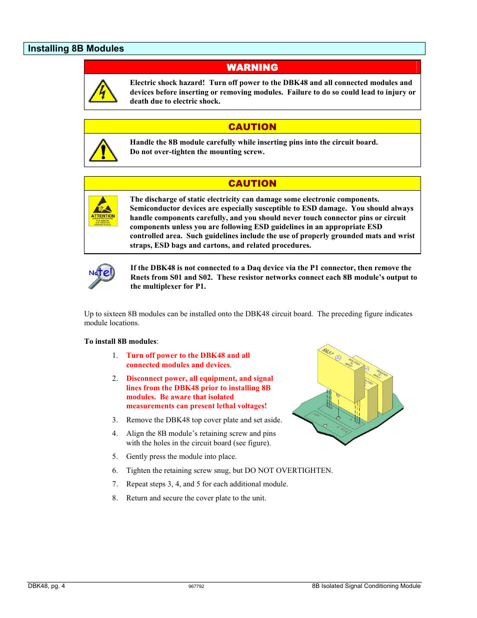 Installing 8b modules, Installing 8b modules …… 4, Installing 8b modules warning | Caution | Measurement Computing DBK48 User Manual | Page 4 / 20