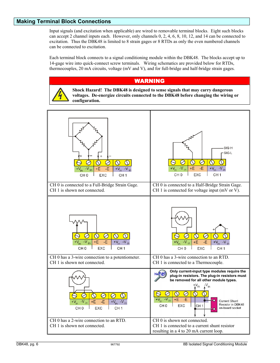 Making terminal block connections, Warning | Measurement Computing DBK48 User Manual | Page 6 / 20