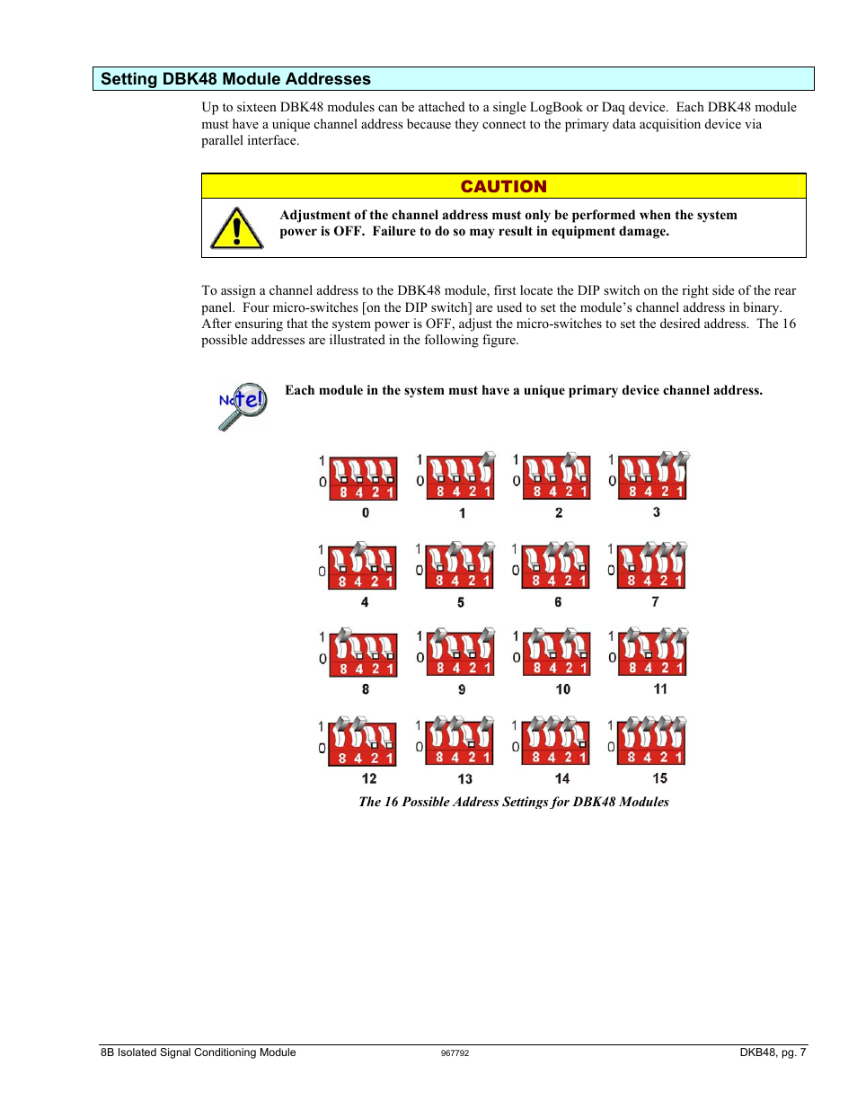 Setting dbk48 module addresses, Caution | Measurement Computing DBK48 User Manual | Page 7 / 20