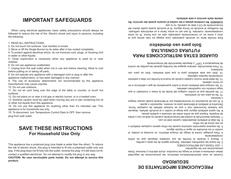 Important safeguards, Save these instructions, For household use only | Precauciones importantes de seguridad | Continental CP43309 User Manual | Page 2 / 8