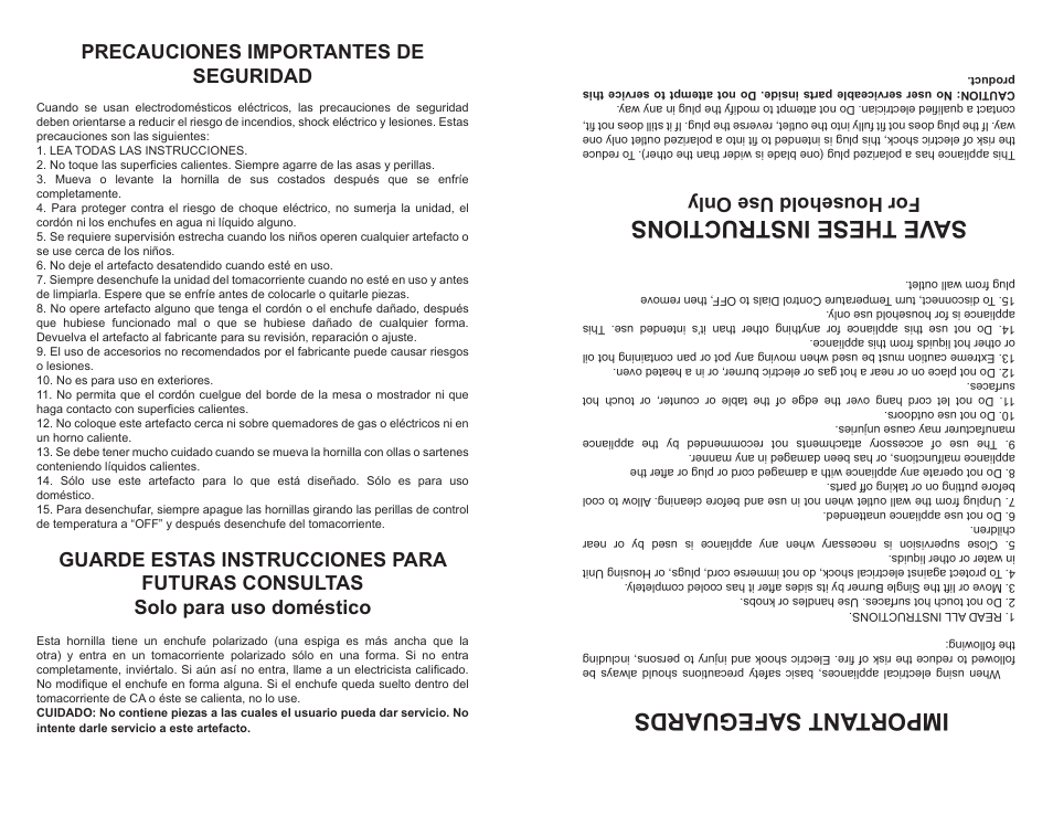 Important safeguards, Save these instructions, For household use only | Precauciones importantes de seguridad | Continental CP43309 User Manual | Page 6 / 8