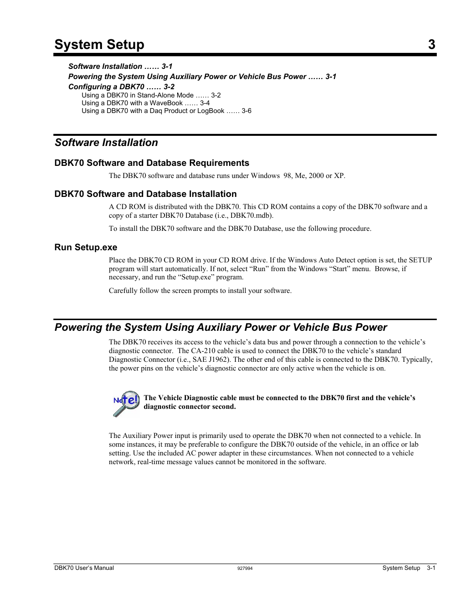 System setup, Software installation, Dbk70 software and database requirements | Dbk70 software and database installation, Run setup.exe, System setup 3 | Measurement Computing DBK70 User Manual | Page 11 / 108