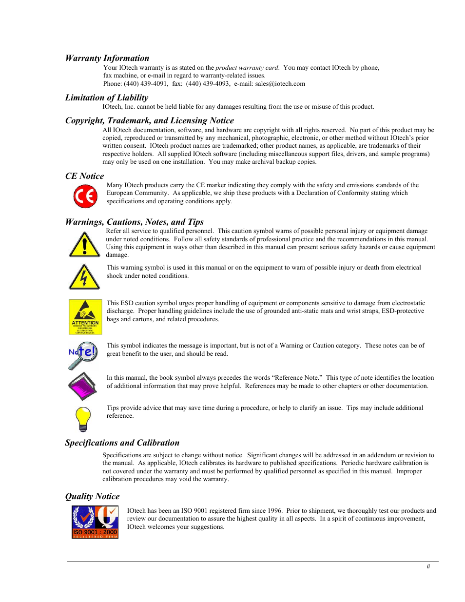 Warnings, cautions, Warranty information, Limitation of liability | Copyright, trademark, and licensing notice, Ce notice, Specifications and calibration, Quality notice | Measurement Computing DBK70 User Manual | Page 2 / 108