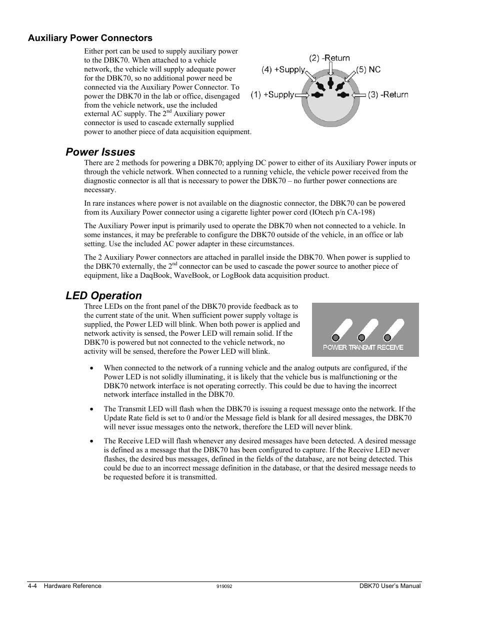 Auxiliary power connectors, Power issues, Led operation | Auxiliary power connectors …… 4-4, Power issues …… 4-4 led operation …… 4-4 | Measurement Computing DBK70 User Manual | Page 22 / 108