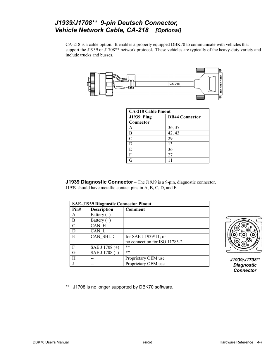 J1939/j1708, Pin deutsch connector, Vehicle network cable, ca-218 [optional]…… 4-7 | Measurement Computing DBK70 User Manual | Page 25 / 108