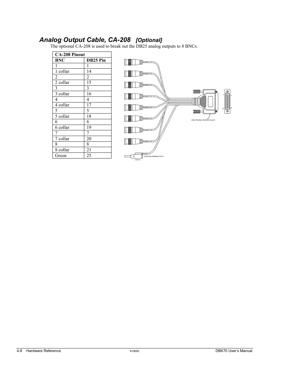 Analog output cable, ca-208 [optional, Analog output cable, ca-208 [optional] …… 4-8, Analog output cable, ca-208 | Measurement Computing DBK70 User Manual | Page 26 / 108