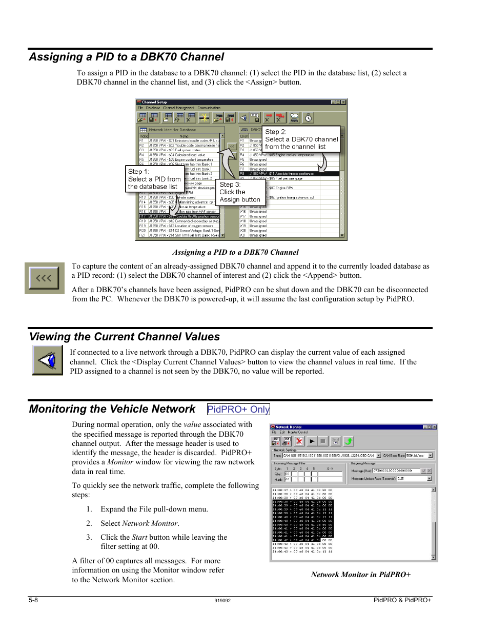 Assigning a pid to a dbk70 channel, Viewing the current channel values, Monitoring the vehicle network pidpro+ only | Monitoring the vehicle network | Measurement Computing DBK70 User Manual | Page 38 / 108