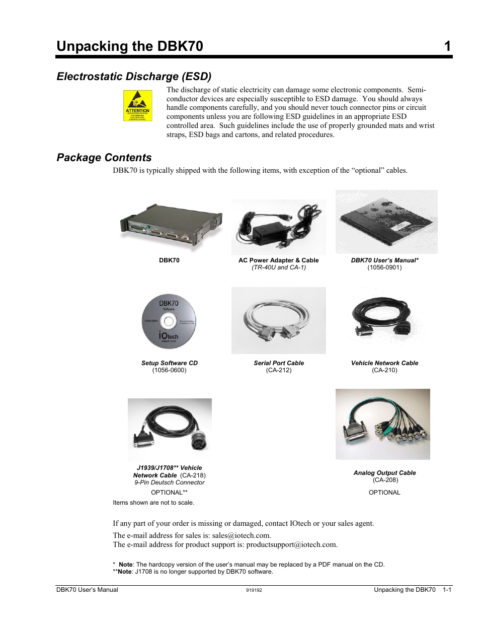 Unpacking the dbk70, Electrostatic discharge (esd), Package contents | Unpacking the dbk70 1 | Measurement Computing DBK70 User Manual | Page 5 / 108