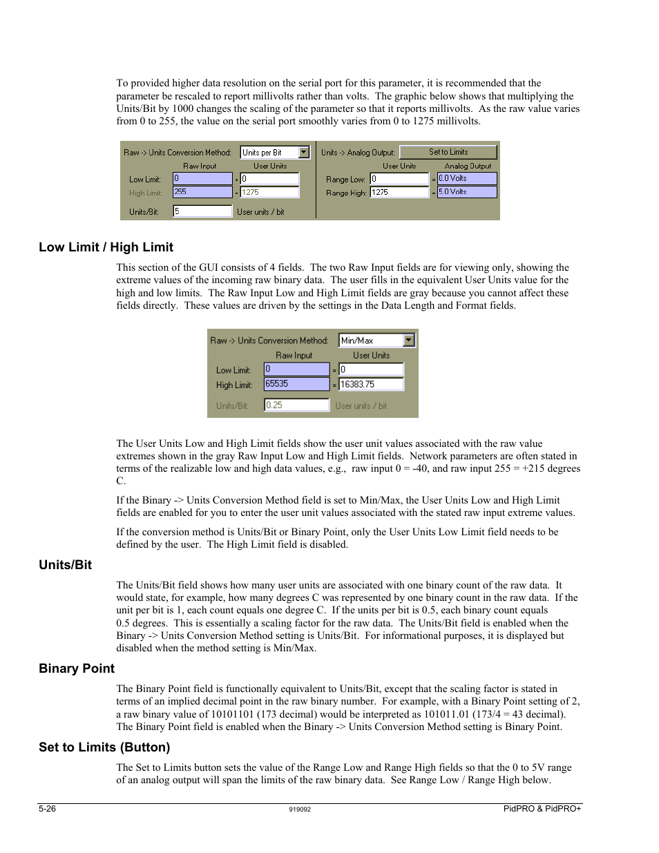 Low limit / high limit, Units/bit, Binary point | Set to limits (button) | Measurement Computing DBK70 User Manual | Page 56 / 108