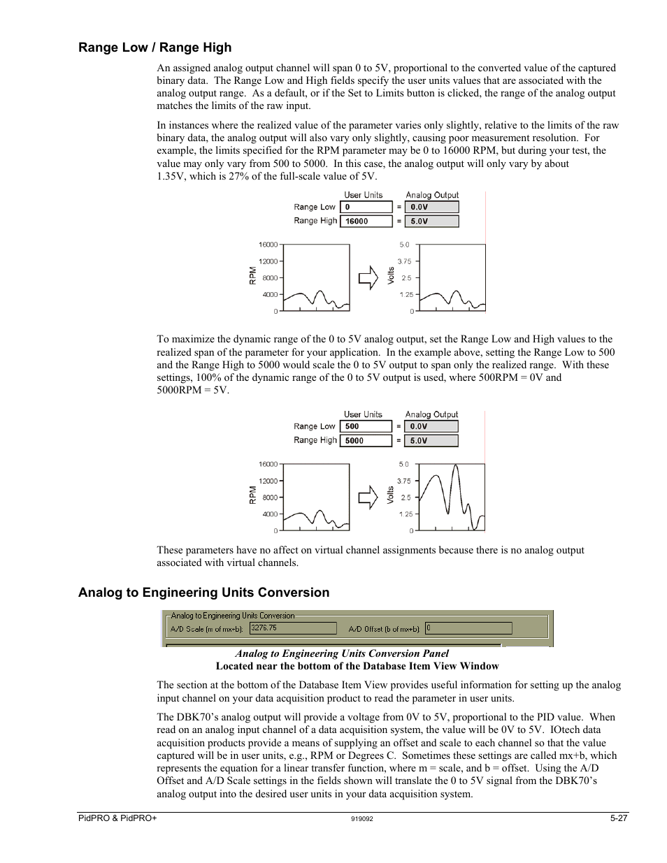 Range low / range high, Analog to engineering units conversion | Measurement Computing DBK70 User Manual | Page 57 / 108