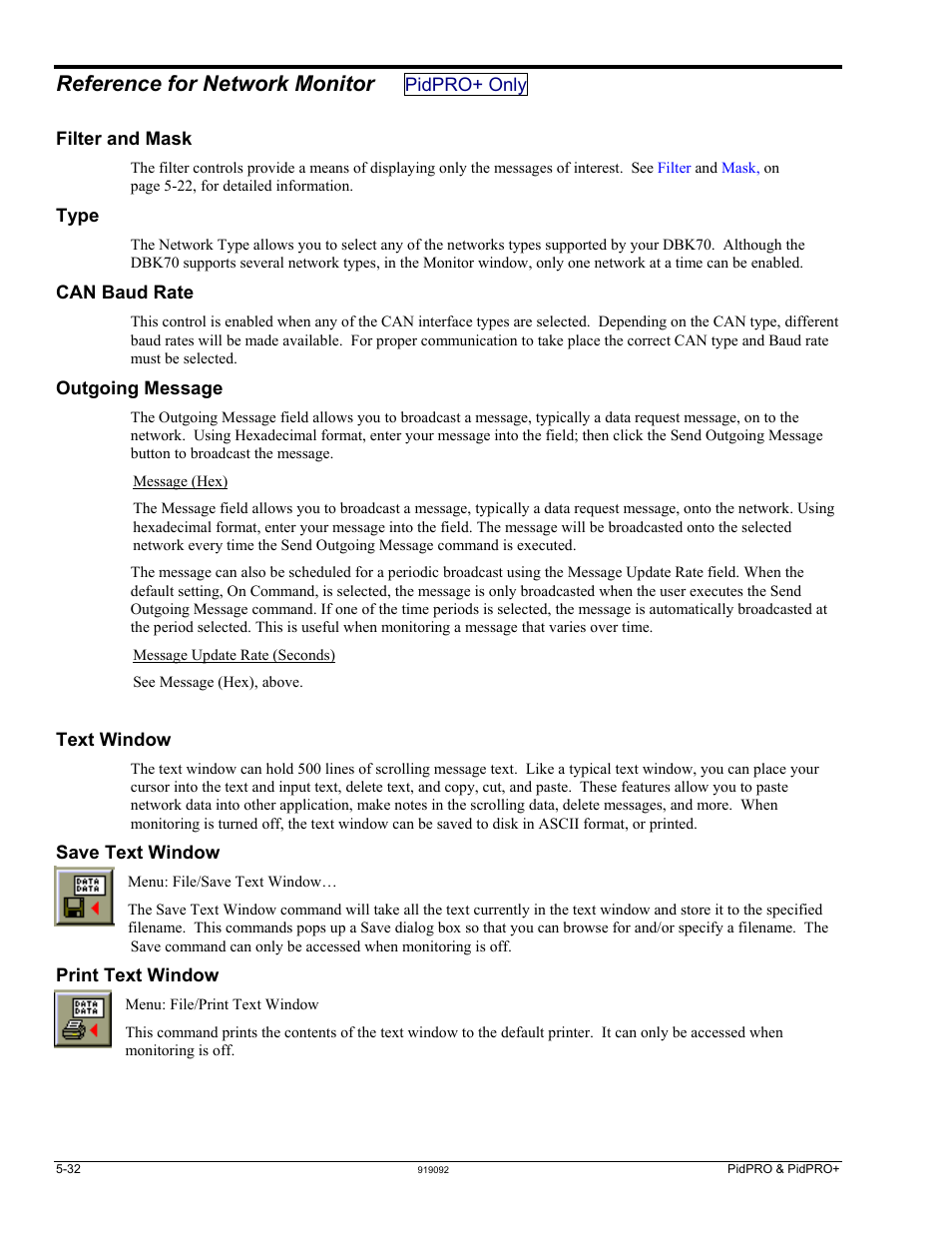 Reference for network monitor pidpro+ only, Filter and mask, Type | Can baud rate, Outgoing message, Text window, Save text window, Print text window, Reference for network monitor | Measurement Computing DBK70 User Manual | Page 62 / 108