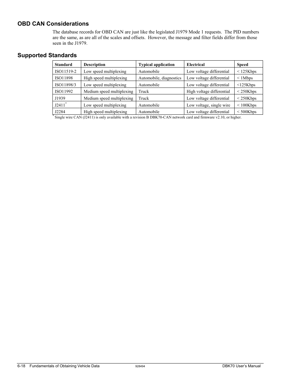 Obd can considerations, Supported standards, 18 supported standards …… 6-18 | Measurement Computing DBK70 User Manual | Page 84 / 108
