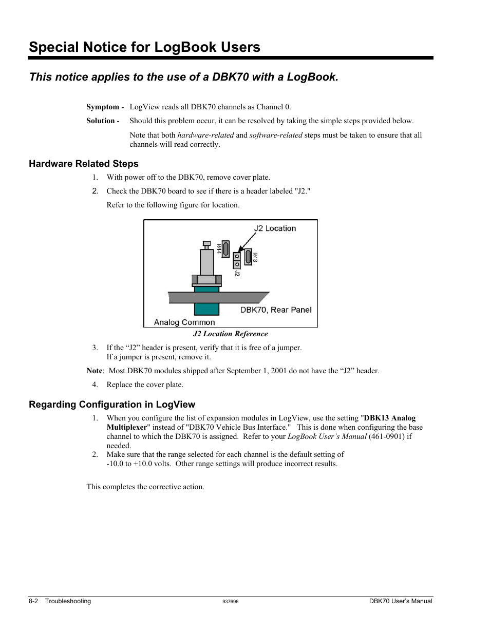 Special notice for logbook users, Hardware related steps, Regarding configuration in logview | Measurement Computing DBK70 User Manual | Page 96 / 108