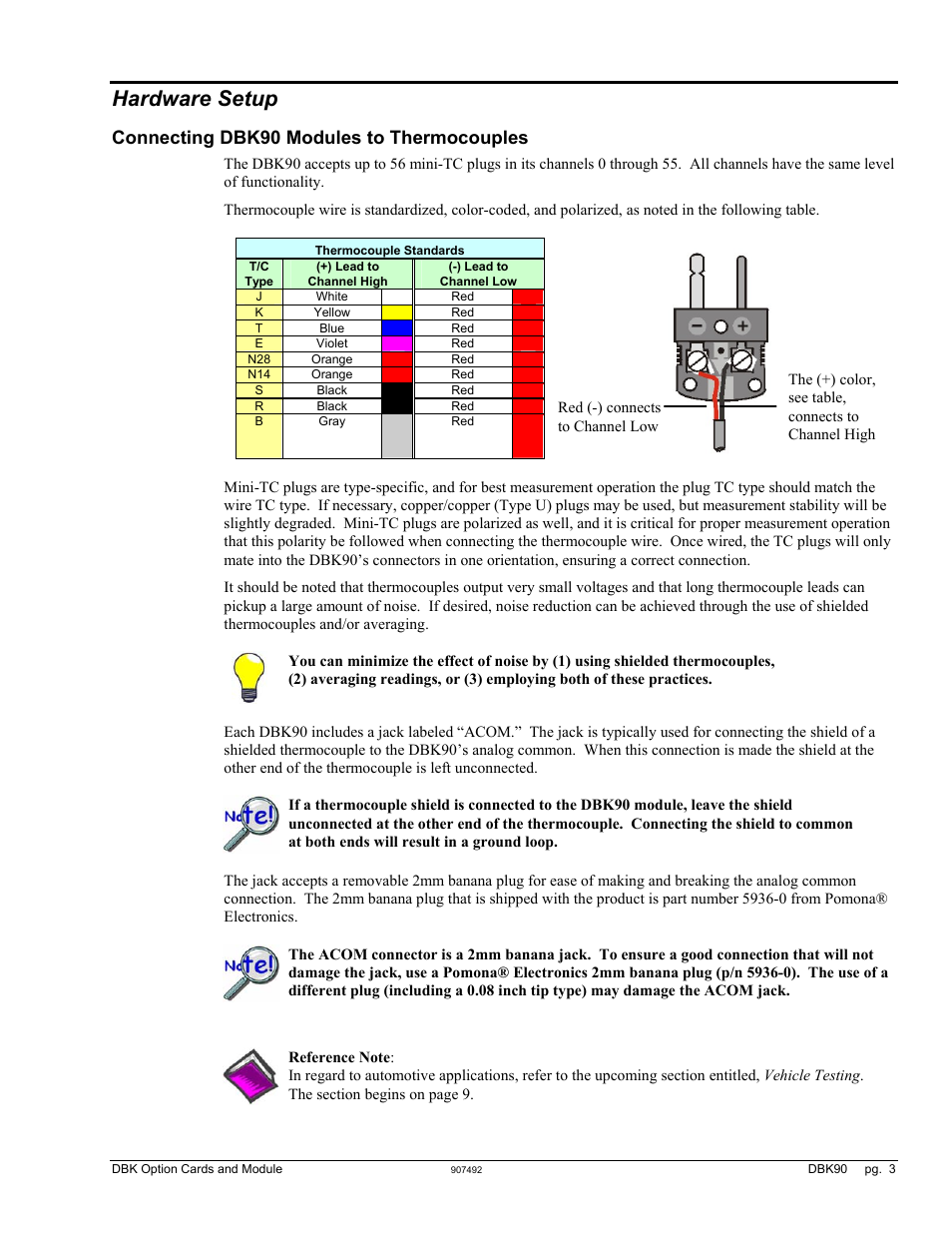 Hardware setup, Connecting dbk90 modules to thermocouples, Hardware setup …… 3 | Hermocouples …… 3 | Measurement Computing DBK90 User Manual | Page 3 / 14