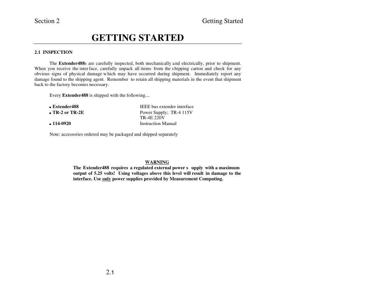 Section 2 - getting started, Inspection, Getting started | Measurement Computing Extender488 User Manual | Page 11 / 39