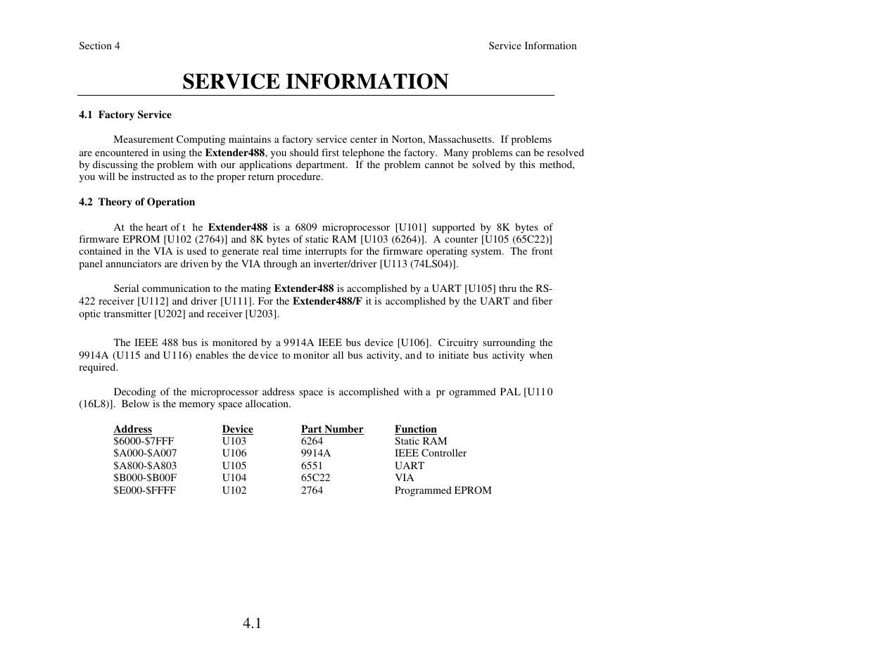 Section 4 - service information, Factory service, Theory of operation | Service information | Measurement Computing Extender488 User Manual | Page 33 / 39