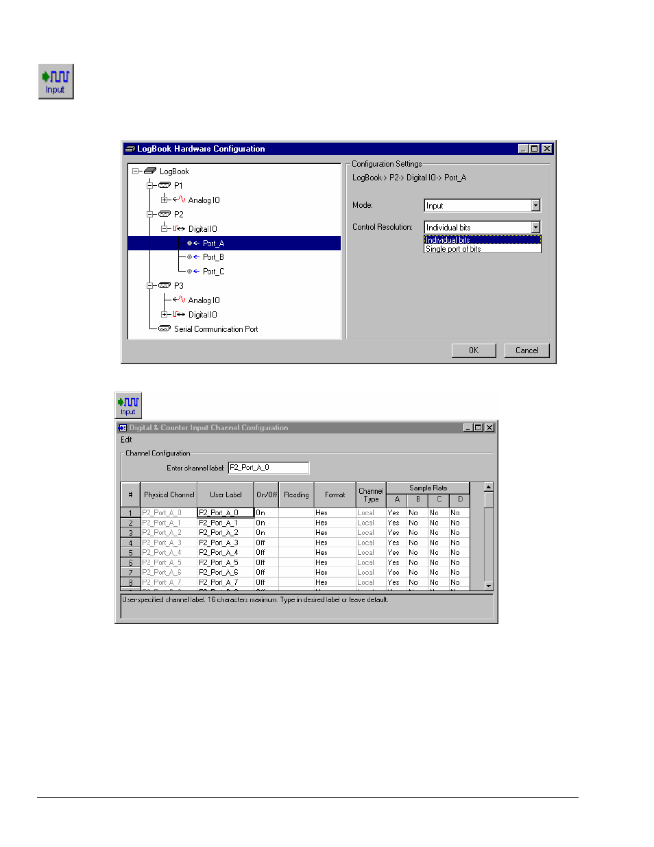 Hannel configuration…… lv-34, Digital and counter input channel configuration | Measurement Computing LogBook Series User Manual | Page 160 / 222