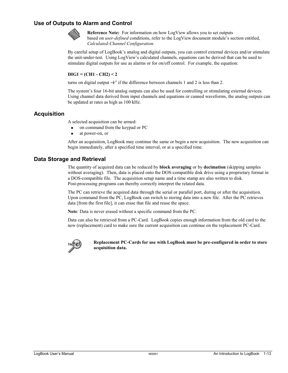 Use of outputs to alarm and control, Acquisition, Data storage and retrieval | Measurement Computing LogBook Series User Manual | Page 23 / 222