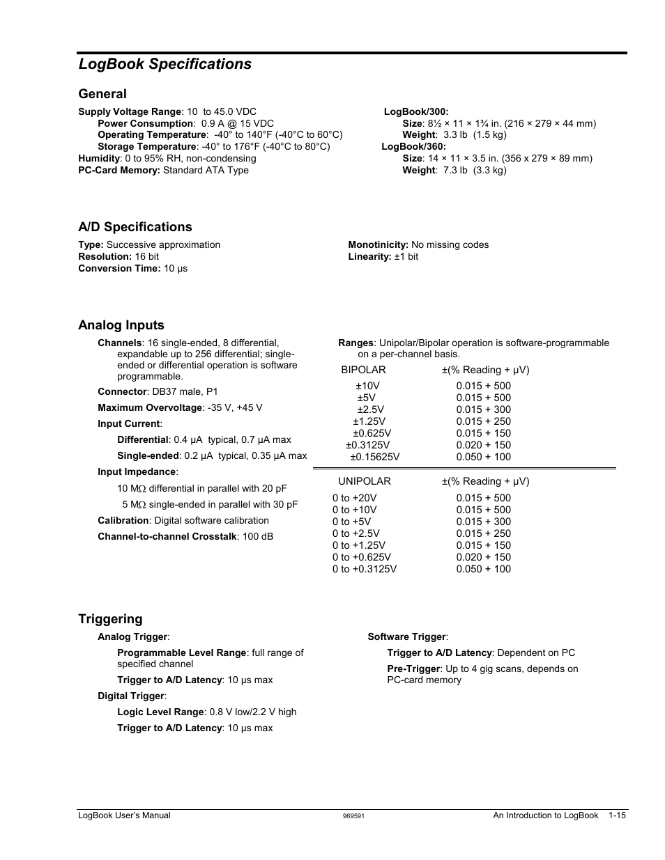 Specifications, Logbook specifications, General | A/d specifications, Analog inputs, Triggering | Measurement Computing LogBook Series User Manual | Page 25 / 222