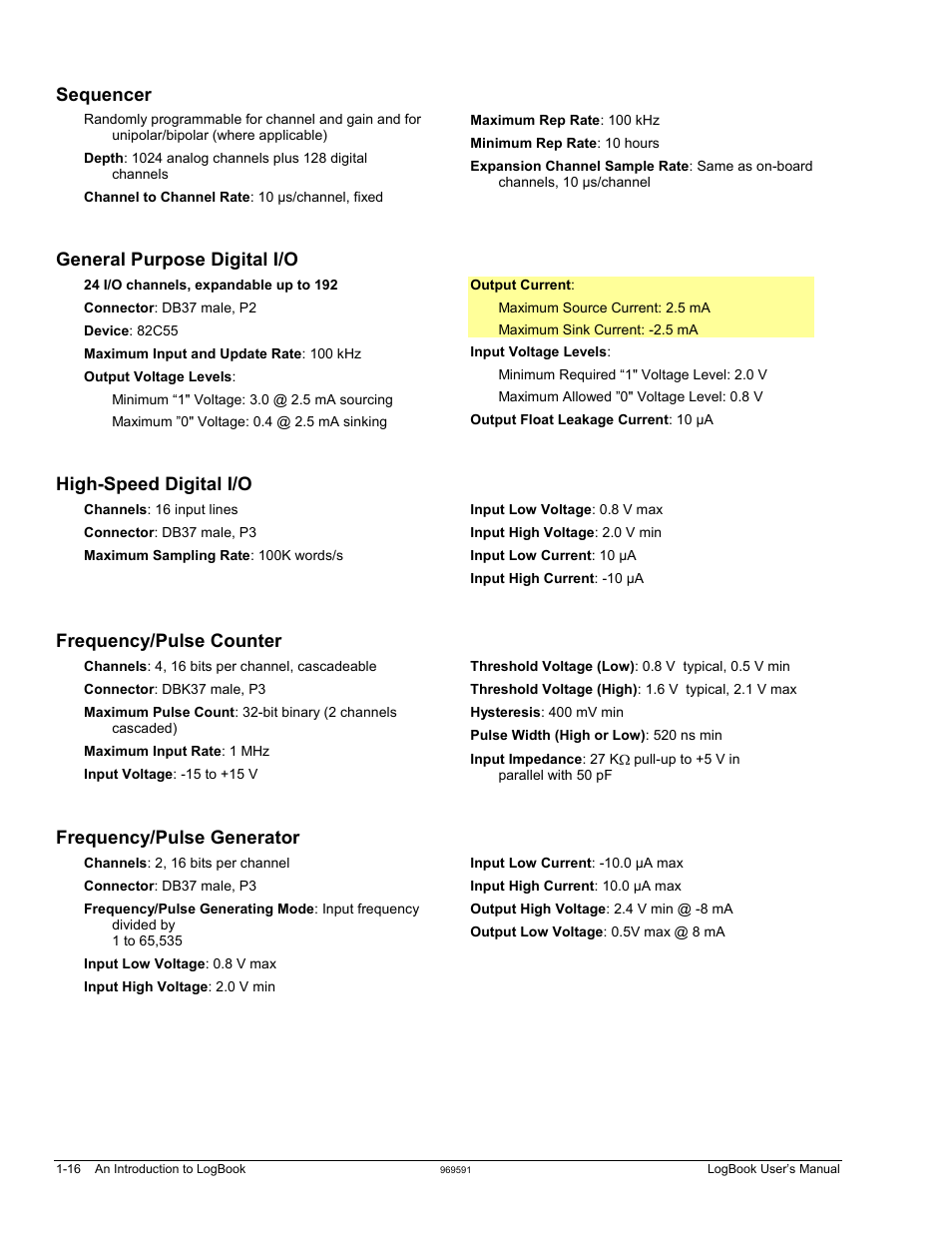 Sequencer, General purpose digital i/o, High-speed digital i/o | Frequency/pulse counter, Frequency/pulse generator | Measurement Computing LogBook Series User Manual | Page 26 / 222