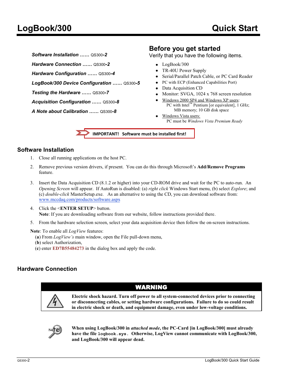 2 - quick start, logbook/300, Logbook/300 quick start, Before you get started | Software installation, Hardware connection, Warning | Measurement Computing LogBook Series User Manual | Page 27 / 222