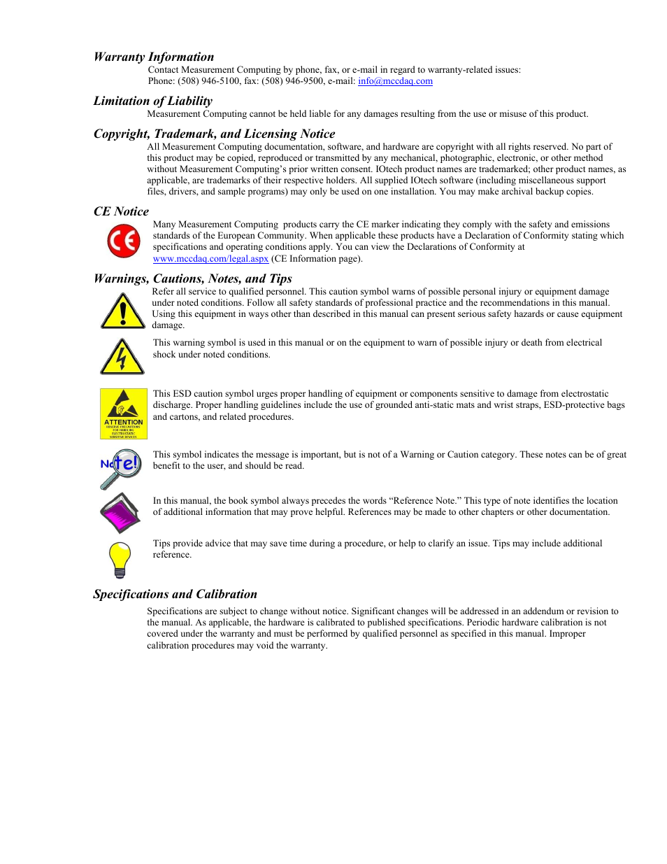 Warranty information, Limitation of liability, Copyright, trademark, and licensing notice | Ce notice, Specifications and calibration | Measurement Computing LogBook Series User Manual | Page 3 / 222