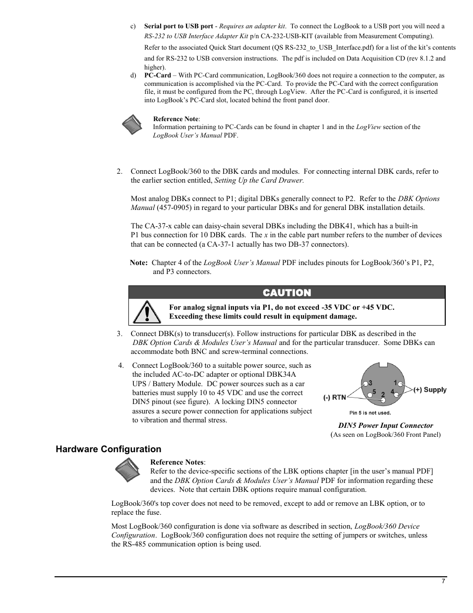 Caution, Hardware configuration | Measurement Computing LogBook Series User Manual | Page 40 / 222